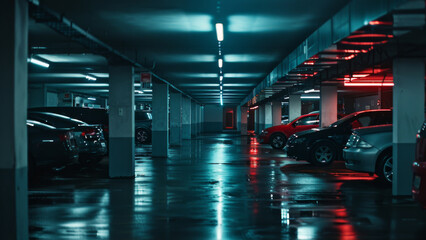 Cars in the dark parking garage - obrazy, fototapety, plakaty