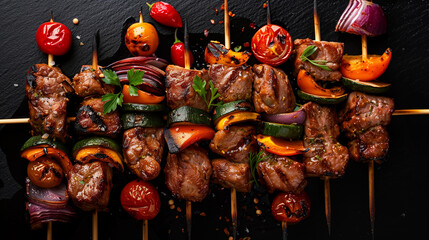 Grilled kebabs with vegetables on skewers on a black background 