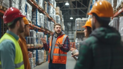 A bunch of construction workers wearing hard hats and high-visibility clothing discuss work in a warehouse. AIG41