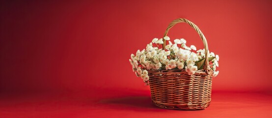 Fototapeta na wymiar White flowers in wooden basket on red spring background. AI generated illustration