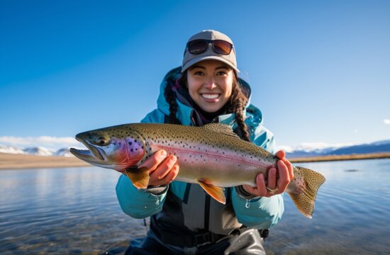 Joyful Female Angler Holding a Fresh Catch on a Serene Lake