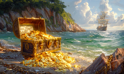 Fototapeta premium Pirate treasure chest on the coast of tropical island with pirate ship in distance