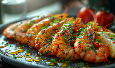 Grilled shrimps served with fresh lemon juice and herbs on plate