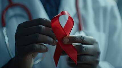 Join the fight against HIV/AIDS and aging stigma with our poignant image of a woman's hand adorned with a red ribbon. Support World AIDS Day and Aging Awareness Month!