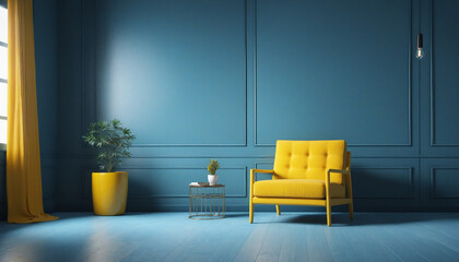 A bright yellow armchr is situated in a blue room that is unoccupied and has a blue floor. the minimalist idea. a mockup  - obrazy, fototapety, plakaty