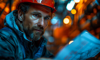 Portrait of worker in hard hat at work in heavy industry