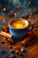 Blue cup of coffee with spices on dark background