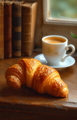 Croissant and cup of coffee on wooden table