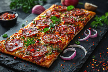 Würzige Pizza mit Pepperoni und Salami auf Schieferplatte - obrazy, fototapety, plakaty