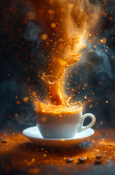 Foto de Hot coffee splash in cup with smoke on dark background - Imagen libre de derechos