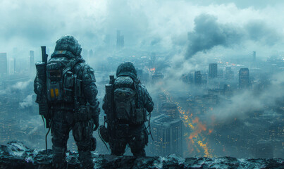 Two soldiers are walking on the edge of the ruined city and looking at the burning city. Photo combination concept - obrazy, fototapety, plakaty