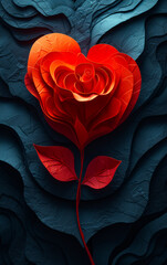 Red paper heart and rose on dark blue background