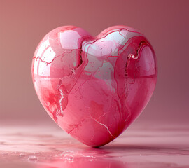 Red heart is broken into pieces on pink background. - Powered by Adobe