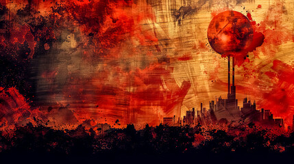 Obraz na płótnie Canvas Vibrant abstract painting evoking a city skyline at sunset with a dramatic red backdrop