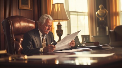 A focused executive evaluates paperwork in the prestigious setting of a wood-paneled office, reflecting professionalism and determination. AIG41 - obrazy, fototapety, plakaty