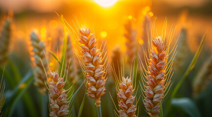 Wheat field at sunset. Ears of ripening wheat rye or other cereal plant the main source of carbohydrates grain crop - obrazy, fototapety, plakaty