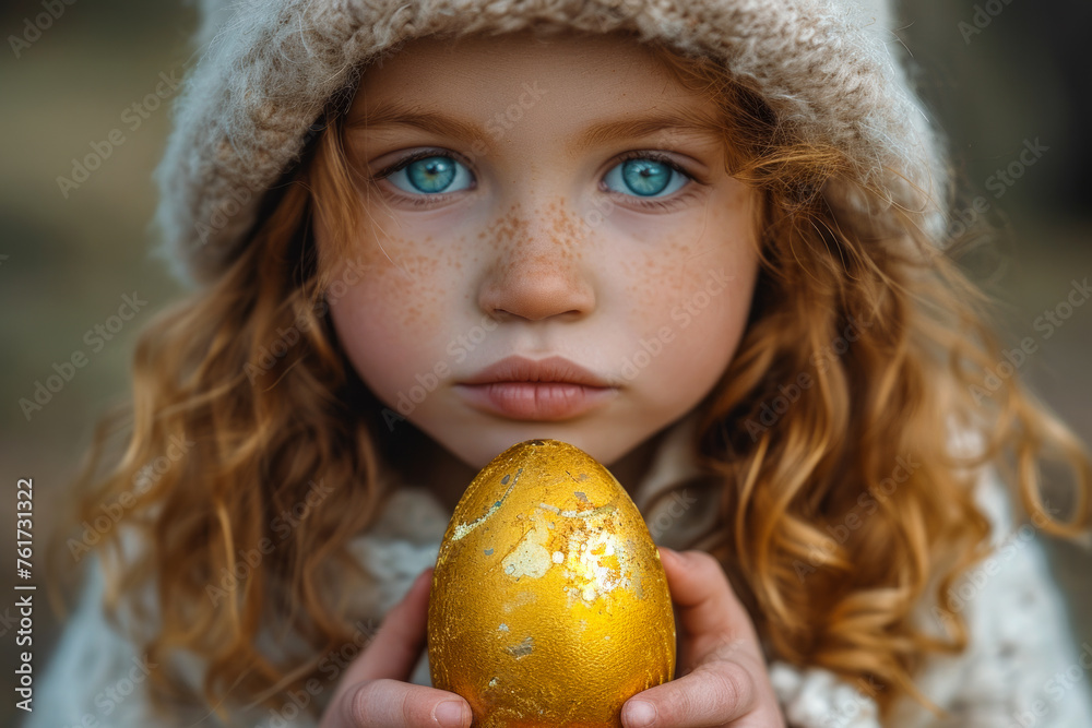 Sticker little girl holds golden egg in her hands.