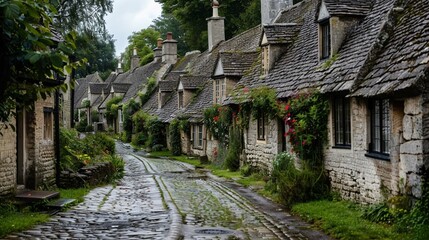 A cobblestone street lined with charming cottages.