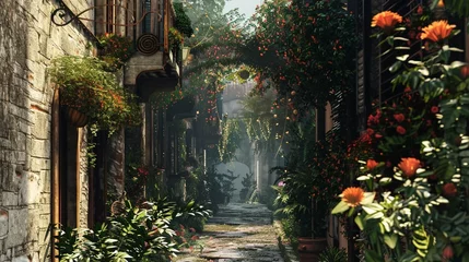 Zelfklevend Fotobehang Smal steegje A narrow alleyway adorned with flowers and vines.