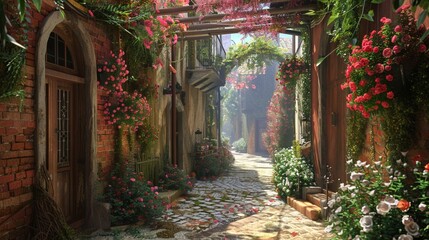 A narrow alleyway adorned with flowers and vines.