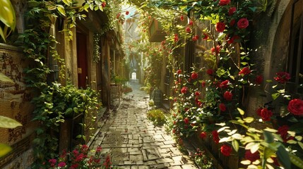 A narrow alleyway adorned with flowers and vines.