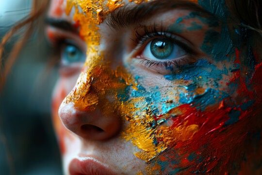 Portrait of young woman with face full of colors
