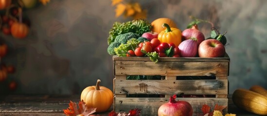 A wooden crate filled with a variety of fruits and vegetables, showcasing the beauty of natural...