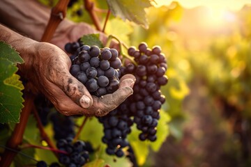 Obraz premium Closeup of Hands Holding Purple Grapes in Vineyard During Golden Hour