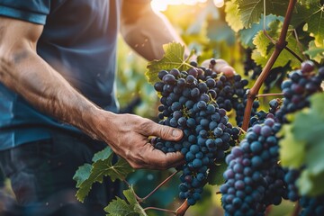 Closeup of Hands Holding Purple Grapes in Vineyard During Golden Hour