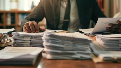 Corporate professional managing organized chaos of documents filling a cluttered office desk - obrazy, fototapety, plakaty