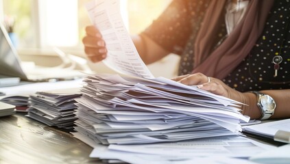 Corporate professional managing organized chaos of documents filling a cluttered office desk
