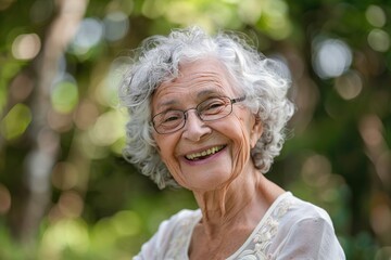 Elderly woman portrait wearing glasses and a pearl necklace exudes happiness in a garden setting