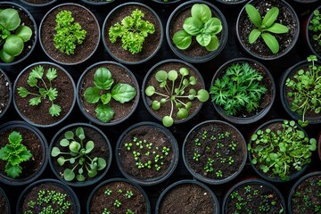 Top View of Seedlings in Pots on Gray Background - obrazy, fototapety, plakaty