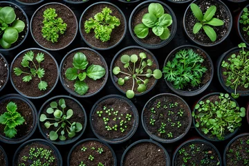 Fotobehang Top View of Seedlings in Pots on Gray Background © Nld