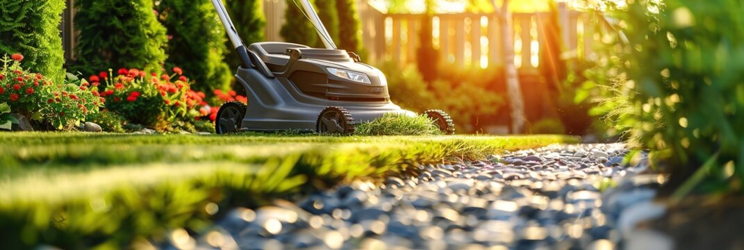 Lawn mower Amid greenery and pebble borders