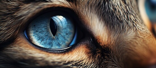 A close up of a cats electric blue eye, showcasing its intricate eyelash, iris, and whiskers. A mesmerizing glimpse into the world of Felidae, terrestrial carnivores - obrazy, fototapety, plakaty