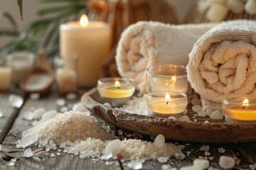 Fototapeta na wymiar Peaceful spa environment with candles, towels, and salt for rejuvenation