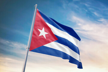Waving flag of Cuba in blue sky. Cuba flag for independence day. The symbol of the state on wavy fabric.