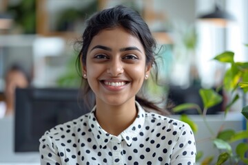 Portrait of a smiling Indian woman in a polka dot shirt at the office