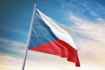 Waving flag of Czech Republic in blue sky. Czech Republic flag for independence day. The symbol of the state on wavy fabric.