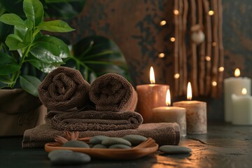 Serene spa ambiance with candles, brown towels, and tranquil zen elements