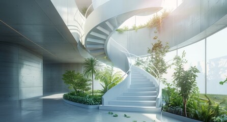 A spiral staircase in a bright and modern building, showcasing sleek design and architecture.