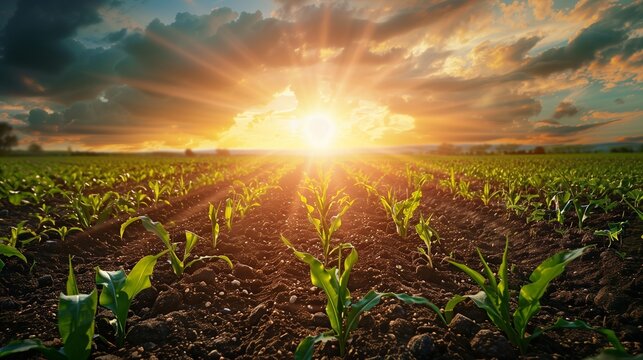 An illustration of regenerative agriculture showcasing sustainable farming practices with healthy crops growing in rich soil, promoting biodiversity and ecological balance.