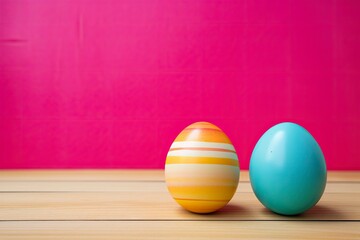 Fototapeta na wymiar Colorful Easter egg double border against a yellow wood background - generative ai