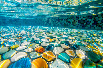 A clear, sunlit pool where the bottom is decorated with a detailed mosaic of colorful, repeating geometric shapes.