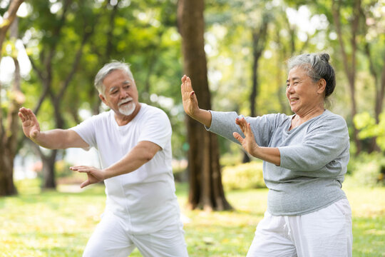 asian senior couple workout and practice tai chi in the park