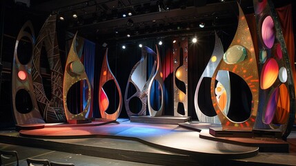 A stage design with abstract sculptures or installations that double as seating or props.