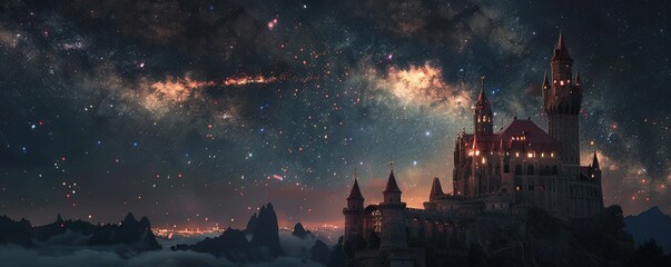 Milky way and meteor in the castle - obrazy, fototapety, plakaty
