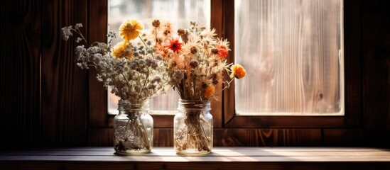 Two vases filled with flowers are placed on a window sill in the buildings interior design, adding a touch of nature to the house