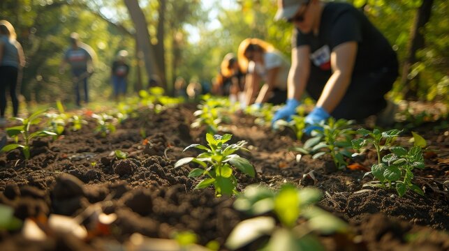 Green volunteering day, community members participating in local park restoration projects